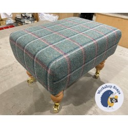 Arden Plain Top Footstool 46 x 33cm (18 x 13") Wool Check Teal - 7ins Castor Natural Leg 5684