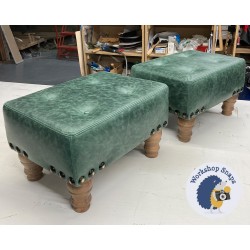 Cannock Shallow Buttoned Footstool 46 x 33cm (18 x 13") Antique Matt Leather Verde x2 - Vintage Corner Studs - 12.7cm Turned Oak Leg  9339