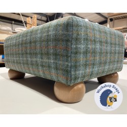 Cannock Shallow Buttoned Footstool 46 x 33cm (18 x 13") Wool Check Eau-de-Nil - 2ins Oak Bun Foot - 6074