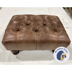 Kinver Deep Buttoned Footstool 46 x 33cm (18 x 13") Antique Matt Leather Bridle - 4ins Turned Mahogany Leg 6253