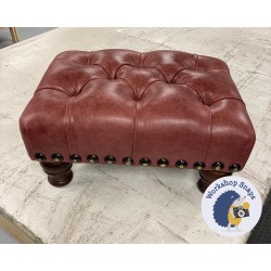 Kinver Deep Buttoned Footstool 46 x 33cm (18 x 13") Antique Matt Leather Oxblood - Full Stud Trim - 4ins Turned Mahogany Leg 7477