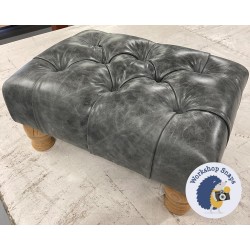 Kinver Deep Buttoned Footstool 46 x 33cm (18 x 13") Antique Matt Leather Storm - 4ins Turned Natural Leg 7481