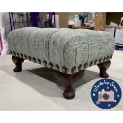 Kinver Deep Buttoned Footstool 46 x 33cm (18 x 13") Basket Weave Duck Egg - 4ins Queen Anne Leg Mahogany - Full Studded Trim 5049