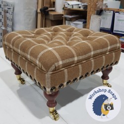 Glenmore Deep Buttoned Footstool with Border 46 x 46cm (18 x 18") Wool Check Camel - Full Studded Trim - 6ins Castor Leg Mahogany 4261 Glenmore Deep Buttoned Footstool with Border 46 x 46cm (18 x 18") Wool Check Camel - Full Studded Trim - 6ins Castor Leg Mahogany 4261