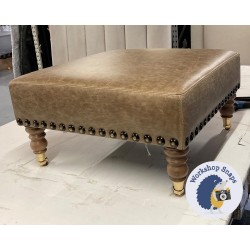 Arden Plain Top Footstool 61 x 61cm (24 x 24") Antique Matt Leather Walnut - Full Stud Trim - 7ins Castor Oak Leg 7635