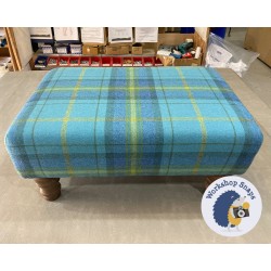 Arden Plain Top Footstool 61 x 41cm (24 x 16") Highland Check Aqua Olive - Piped Trim - 5" Turned Oak Leg 5323