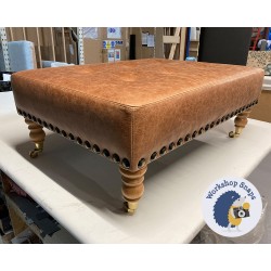 Cannock Shallow Buttoned Footstool 81 x 61cm (32 x 24") Antique Matt Leather Bridle - Full Stud Trim - 7ins Castor Natural Leg 8241