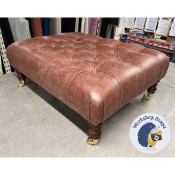 Kinver Deep Buttoned Footstool 81 x 61cm (32 x 24") Antique Matt Leather Mahogany - 7ins Castor Mahogany Leg 5965
