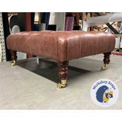 Kinver Deep Buttoned Footstool 81 x 61cm (32 x 24") Antique Matt Leather Mahogany - 7ins Castor Mahogany Leg 5965