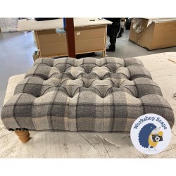 Kinver Deep Buttoned Footstool 81 x 61cm (32 x 24") COM John Lewis Wool Check Flint - Corner Stud Trim - 5ins Turned Natural Leg 7580