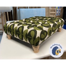 Kinver Deep Buttoned Footstool 81 x 61cm (32 x 24") COM Loome Fabrics Orla Kiely Oval Flower Khaki - Piped Trim - 4ins Turned Natural Leg 8131