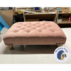 Kinver Deep Buttoned Footstool 81 x 61cm (32 x 24") Flat Velvet Blush - Corner Stud Trim - 4ins Turned Natural Leg 7869