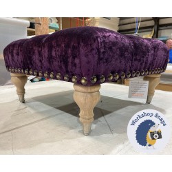Kinver Deep Buttoned Footstool 61 x 61cm (24 x 24") Crushed Velvet Aubergine -  Full Vintage Studs - 7.5ins Castor Leg Washed Oak 5245