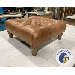 Kinver Deep Buttoned Footstool 61 x 61cm (24 x 24") Antique Matt Leather Bridle - 5ins Turned Oak Leg 6694
