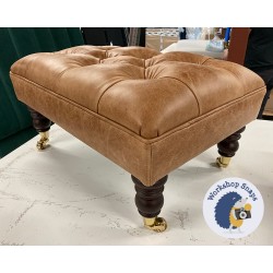 Glenmore Deep Buttoned Footstool with Border 61 x 41cm (24 x 16") Antique Matt Leather Bridle - 7ins Castor Mahogany Leg 7935