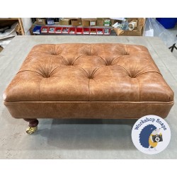 Glenmore Deep Buttoned Footstool with Border 61 x 41cm (24 x 16") Antique Matt Leather Bridle - Self Piped - 6ins Castor Mahogany Leg 5555