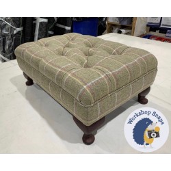 Glenmore Deep Buttoned Footstool with Border 61 x 41cm (24 x 16") Wool Check Yellow - 4ins Queen Anne Mahogany Leg 4900