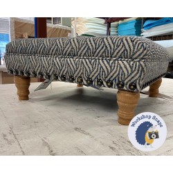 Fernworthy Shallow Buttoned Footstool with Border 61 x 61cm (24 x 24") COM Christopher Farr Tangle Indigo - Full Vintage Stud Trim - 5ins Turned Natural Leg 7297