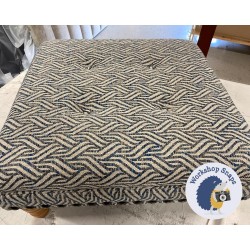 Fernworthy Shallow Buttoned Footstool with Border 61 x 61cm (24 x 24") COM Christopher Farr Tangle Indigo - Full Vintage Stud Trim - 5ins Turned Natural Leg 7297
