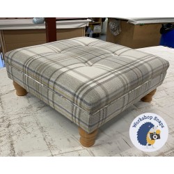 Fernworthy Shallow Buttoned Footstool with Border 61 x 61cm (24 x 24") COM Prestigious Textiles Strathmore Oatmeal - 4ins Turned Natural Leg 8527