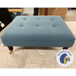 Fernworthy Shallow Buttoned Footstool with Border 81 x 61cm (32 x 24") Faux Wool Wedgwood - Piped Trim - 7ins Castor Mahogany Leg 7256