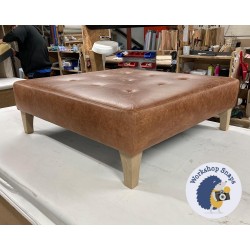 Cannock Shallow Buttoned Footstool 91 x 91cm (36 x 36") Antique Matt Leather Bridle - 6ins Concave Tapered Oiled Oak Leg 6943
