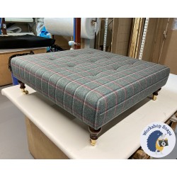 Cannock Shallow Buttoned Footstool 91 x 91cm (36 x 36") Wool Check Teal - 6ins Castor Mahogany Leg 8180