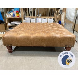 Kinver Deep Buttoned Footstool 91 x 91cm (36 x 36") Antique Matt Leather Honey - Vintage Corner Stud Trim - 5ins Turned Mahogany Leg 5724 Kinver Deep Buttoned Footstool 91 x 91cm (36 x 36") Antique Matt Leather Honey - Vintage Corner Stud Trim - 5ins Turned Mahogany Leg 5724