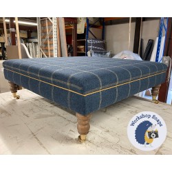 Wentwood Plain Top Footstool with Border 91 x 91cm (36 x 36") COM Clarke & Clarke Lanark Plaid Old Blue - Contrast Piped in Samuel & Sons Saison Cord Sea Grass - 7ins Castor Oak Leg 8793