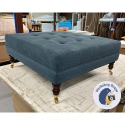 Fernworthy Shallow Buttoned Footstool with Border 91 x 91cm (36 x 36") BESPOKE Increased Pad Height - Single Piped Trim - 7ins Castor Mahogany Leg 8645