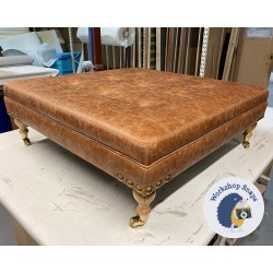 Fernworthy Shallow Buttoned Footstool with Border 91 x 91cm (36 x 36") Antique Matt Leather Bridle - Gold Corner Studs - 6ins Castor Natural Leg 8675