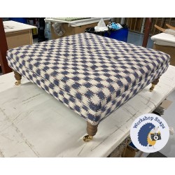 Fernworthy Shallow Buttoned Footstool with Border 91 x 91cm (36 x 36") COM Titley & Marr Chequers Indigo - Single Piped - 7ins Castor Oak Leg 8411
