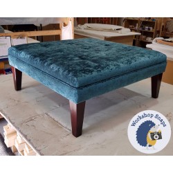 Fernworthy Shallow Buttoned Footstool with Border 91 x 91cm (36 x 36") Crushed Velvet Teal - 9ins Tapered Leg Mahogany 39163