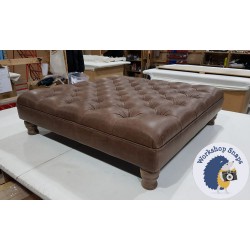 Glenmore Deep Buttoned Footstool with Border 91 x 91cm (36 x 36") Antique Matt Leather Dark Brown - 4ins Turned Leg Oak 4282