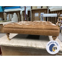 Glenmore Deep Buttoned Footstool with Border 91 x 91cm (36 x 36") Antique Matt Leather Honey - 6ins Castor Oak Leg 7598
