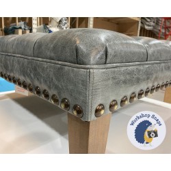 Glenmore Deep Buttoned Footstool with Border 91 x 91cm (36 x 36") Antique Matt Leather Storm - Full Vintage Stud Trim - 9ins Tapered Oak Leg 6152