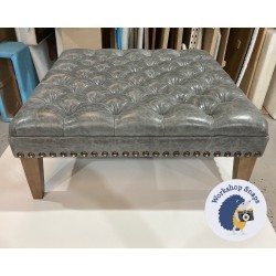 Glenmore Deep Buttoned Footstool with Border 91 x 91cm (36 x 36") Antique Matt Leather Storm - Full Vintage Stud Trim - 9ins Tapered Oak Leg 6152