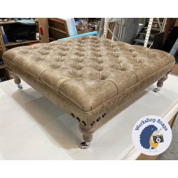 Glenmore Deep Buttoned Footstool with Border 91 x 91cm (36 x 36") Antique Matt Leather Walnut - Corner Vintage Stud Trim - 7.5ins Castor Washed Oak Leg - 6563
