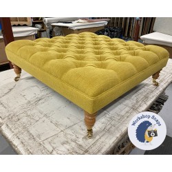Glenmore Deep Buttoned Footstool with Border 91 x 91cm (36 x 36") Soft Weave Mustard - 7ins Natural Castor Leg 8678