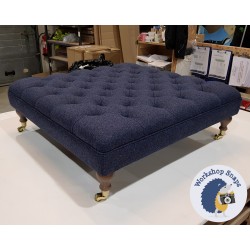 Glenmore Deep Buttoned Footstool with Border 91 x 91cm (36 x 36") Wool Plain Cobalt - 6ins Castor Oak Leg 4559