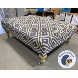 Arden Plain Top Footstool 102 x 76cm (40 x 30") Geometric Bricks Indigo - 7.5" Castor Oiled Oak Leg