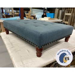 Cannock Shallow Buttoned Footstool 102 x 76cm (40 x 30") Soft Weave Peacock - Full Stud Trim - 5ins Turned Mahogany Leg 7976