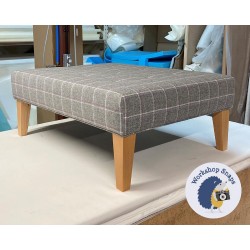 Cannock Shallow Buttoned Footstool 102 x 76cm (40 x 30") Wool Check Grey - Self Piped Trim - 9ins Tapered Natural Leg 6985