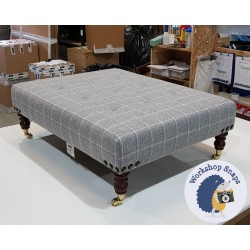 Cannock Shallow Buttoned Footstool 102 x 76cm (40 x 30") Wool Check Grey, Corner Studs - 7ins Mahogany Leg 4615