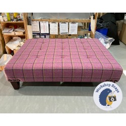 Cannock Shallow Buttoned Footstool 102 x 76cm (40 x 30") Wool Check Pink - Corner Studs - 5" Tapered Mahogany Leg 5384