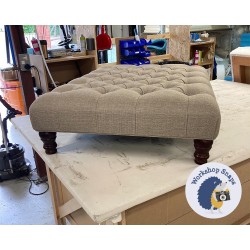 Kinver Deep Buttoned Footstool 102 x 76cm (40 x 30") Textured Weave Stone - Single Piped Trim - 5ins Turned Mahogany Leg 7224 Kinver Deep Buttoned Footstool 102 x 76cm (40 x 30") Textured Weave Stone - Single Piped Trim - 5ins Turned Mahogany Leg 7224