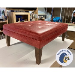 Fernworthy Shallow Buttoned Footstool with Border 102 x 76cm (40 x 30") Antique Matt Leather Wine - 9ins Tapered Oak Leg - 8952