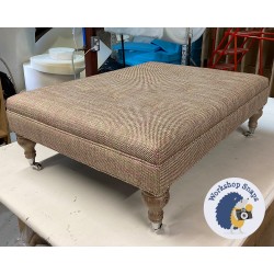 Fernworthy Shallow Buttoned Footstool with Border 102 x 76cm (40 x 30") COM Jane Churchill Daro Pink Green - Single Piped Trim - 7.5ins Castor Washed Oak Leg 8747