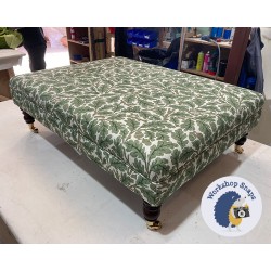 Fernworthy Shallow Buttoned Footstool with Border 102 x 76cm (40 x 30") COM Morris & Co. Oak Fabric Forest/Cream - 7ins Castor Mahogany Leg 6827 2
