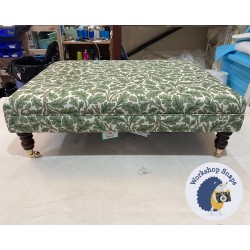 Fernworthy Shallow Buttoned Footstool with Border 102 x 76cm (40 x 30") COM Morris & Co. Oak Fabric Forest/Cream - 7ins Castor Mahogany Leg 6827